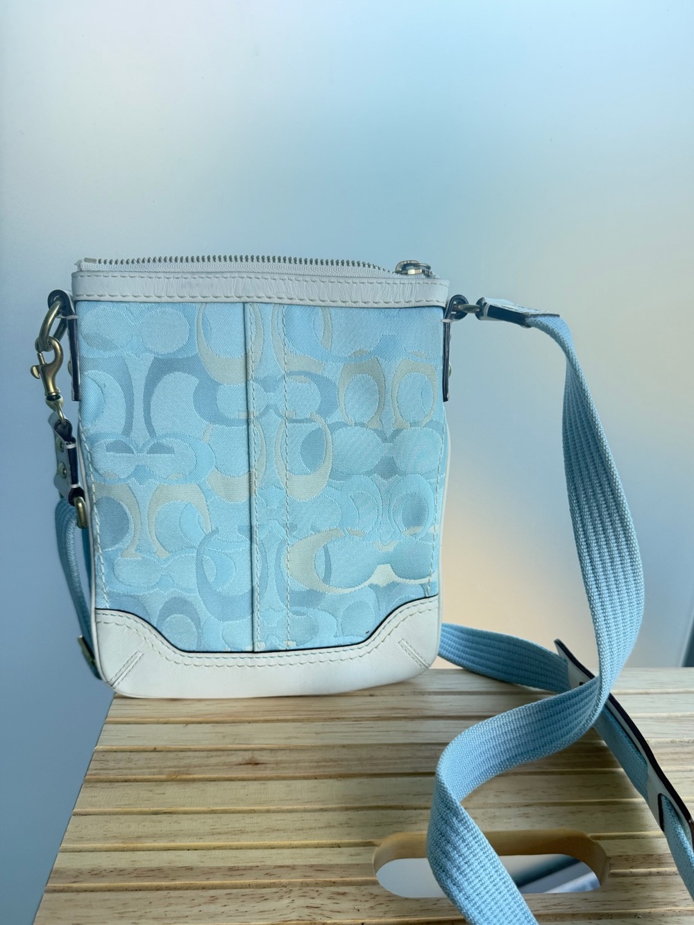 Coach Vintage Blue/White Signature Canvas and Leather Crossbody Bag